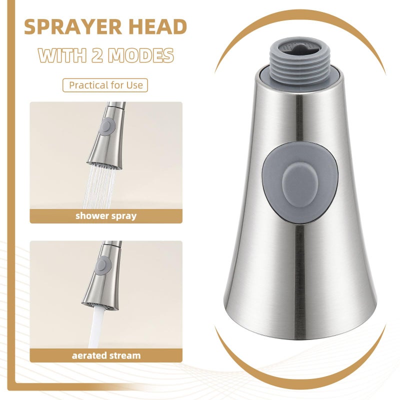 Angle Simple Kitchen Faucet Head Replacement, G 1/2 or 13/16 Inch Male Thread Connector, Tested to NSF/ANSI/CAN 61 & 372, Sink Sprayer Attachment, Stream and Spray Mode, Brushed Nickel - Image 3